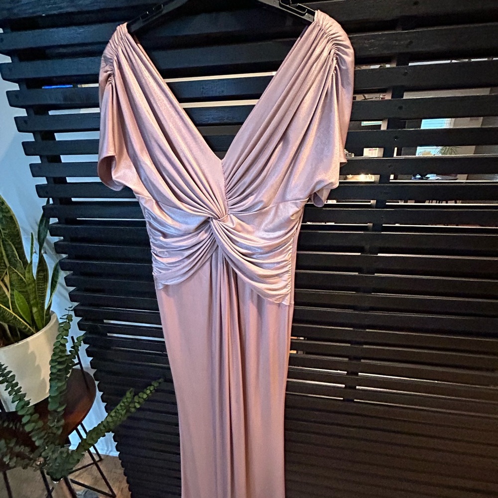 V-Neck Satin Rose/Pink Long Gown. Perfect formal occasions like wedding guest